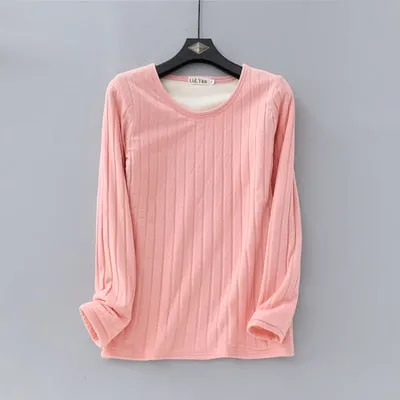 2020 Winter Warm T Shirt Thick Fleece Thermal Underwear Long Sleeve Stripe Cotton Tee Shirt Super Soft T-Shirt O neck Top Shirt