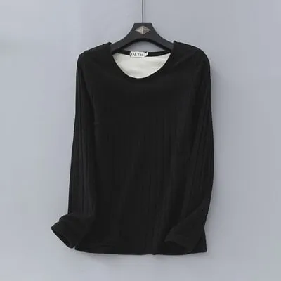 2020 Winter Warm T Shirt Thick Fleece Thermal Underwear Long Sleeve Stripe Cotton Tee Shirt Super Soft T-Shirt O neck Top Shirt