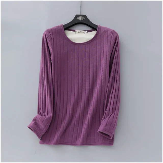 2020 Winter Warm T Shirt Thick Fleece Thermal Underwear Long Sleeve Stripe Cotton Tee Shirt Super Soft T-Shirt O neck Top Shirt