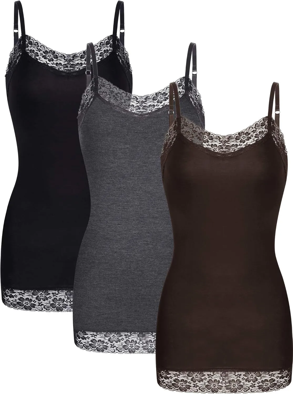 3 Pcs Women Long Camisoles Lace Tank Tops Neck Cami Adjustable Spaghetti Strap Lace Trim Tank Top for Women Wearing
