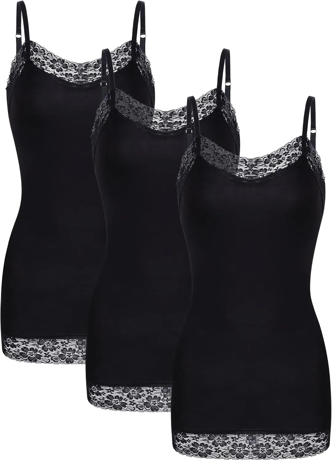 3 Pcs Women Long Camisoles Lace Tank Tops Neck Cami Adjustable Spaghetti Strap Lace Trim Tank Top for Women Wearing