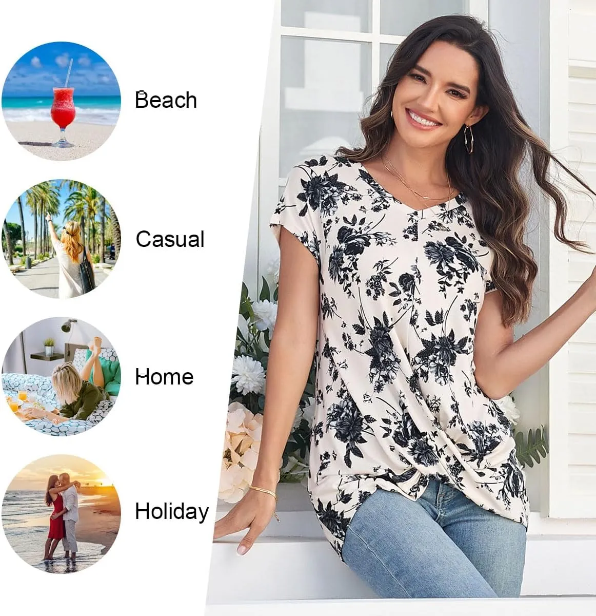 Anydoll Women's 2025 Summer Tunic Tops Casual Short Sleeve T Shirts Front Twist Loose Blouse