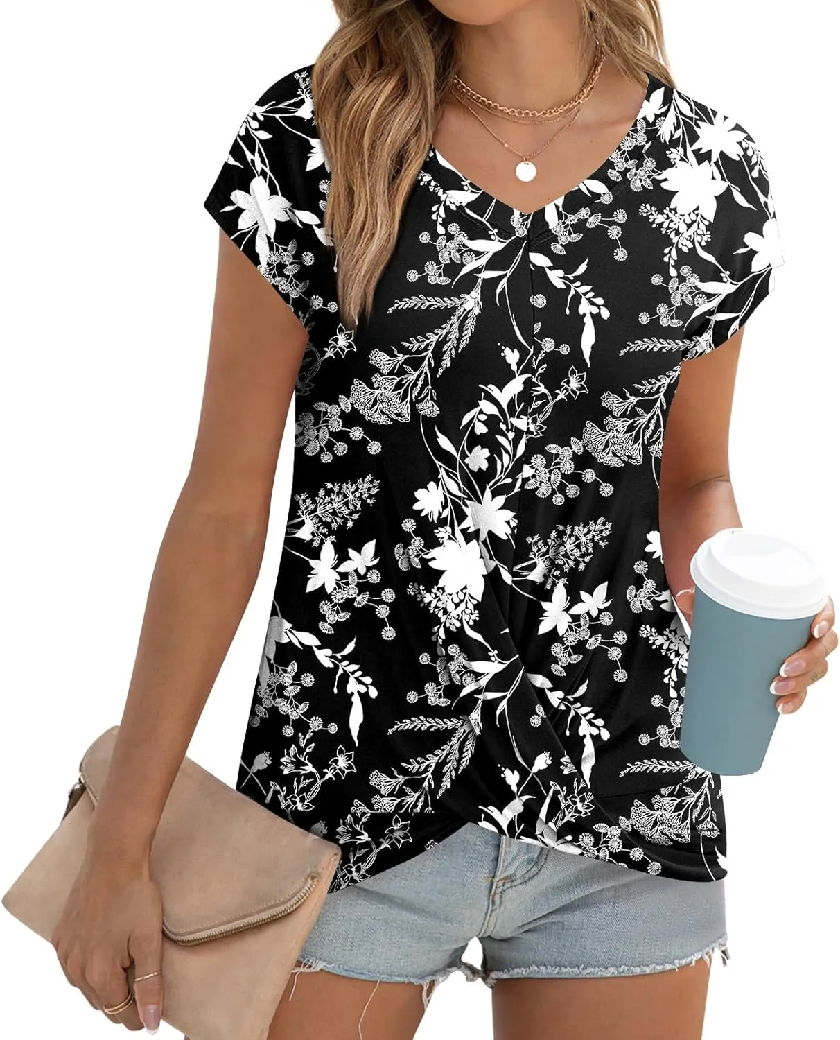 Anydoll Women's 2025 Summer Tunic Tops Casual Short Sleeve T Shirts Front Twist Loose Blouse