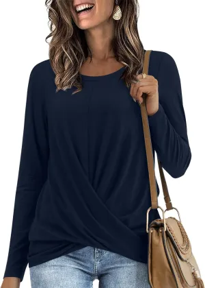 Anymiss 2025 Womens Spring Long Sleeve Tunic Tops Casual Winter Twist Front Blouse Crewneck T-Shirts M-2XL