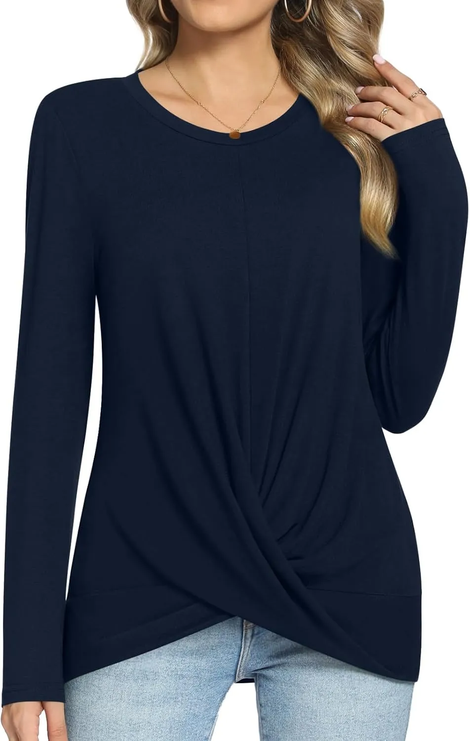 Anymiss 2025 Womens Spring Long Sleeve Tunic Tops Casual Winter Twist Front Blouse Crewneck T-Shirts M-2XL