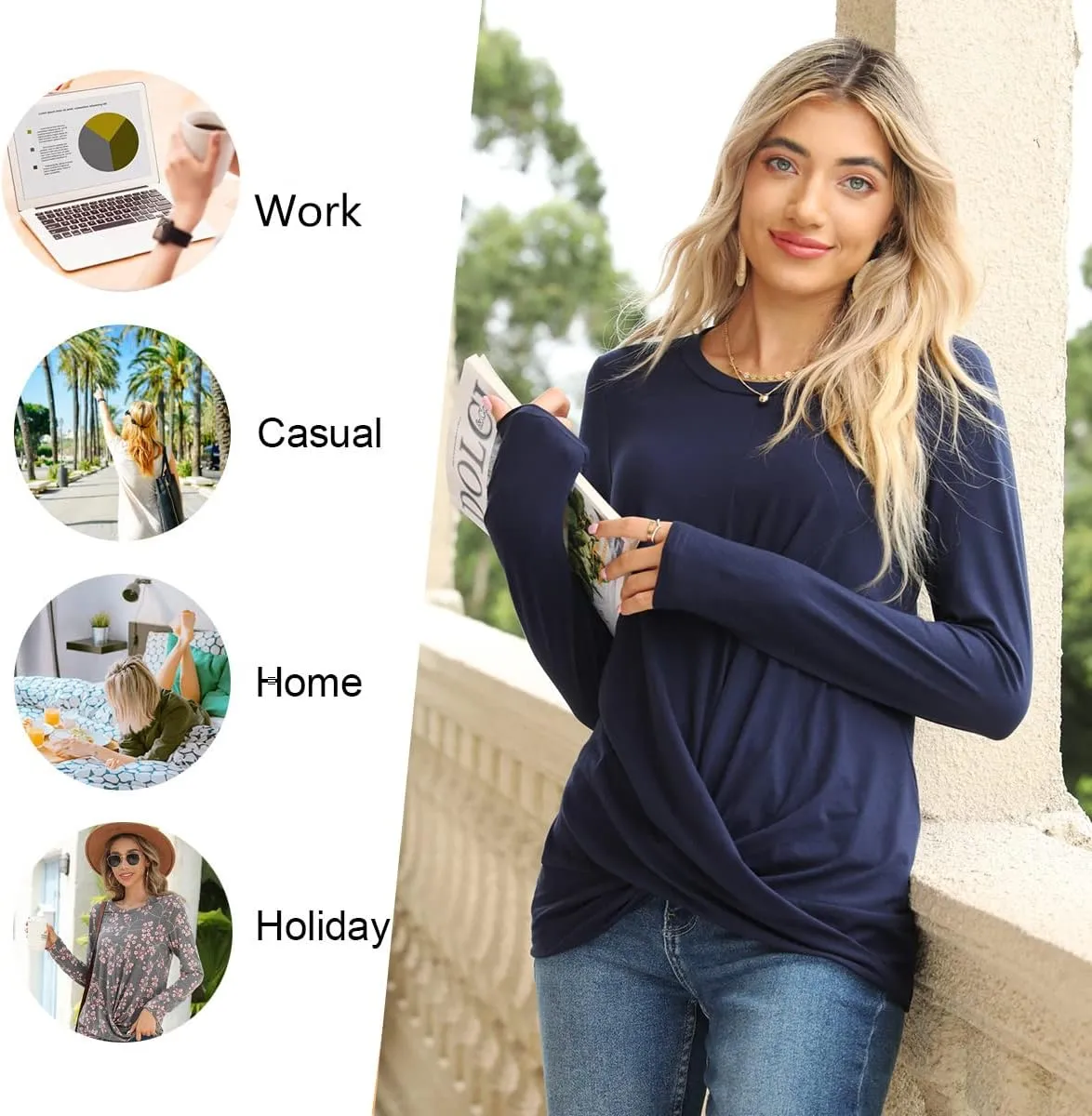 Anymiss 2025 Womens Spring Long Sleeve Tunic Tops Casual Winter Twist Front Blouse Crewneck T-Shirts M-2XL