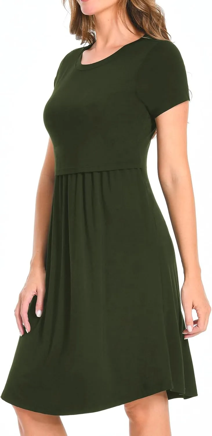 Bearsland Women's Short Sleeves Maternity Dress Nursing Breastfeeding Dresses with Pockets