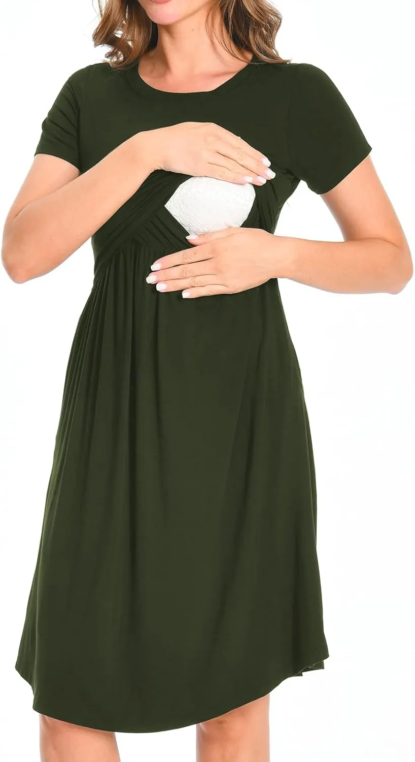 Bearsland Women's Short Sleeves Maternity Dress Nursing Breastfeeding Dresses with Pockets