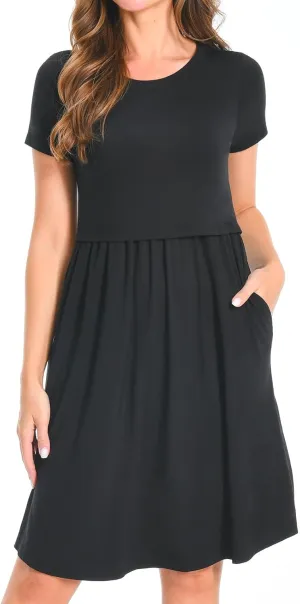 Bearsland Women's Short Sleeves Maternity Dress Nursing Breastfeeding Dresses with Pockets