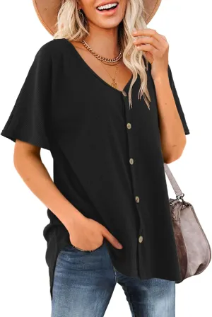Beluring Women's Shirts V Neck Short Sleeve Waffle Knit Button Up Tunic Tops Blouse