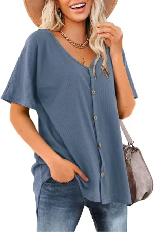 Beluring Women's Shirts V Neck Short Sleeve Waffle Knit Button Up Tunic Tops Blouse