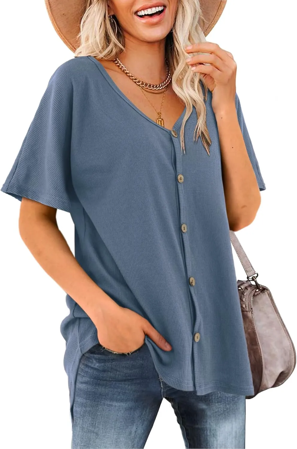 Beluring Women's Shirts V Neck Short Sleeve Waffle Knit Button Up Tunic Tops Blouse