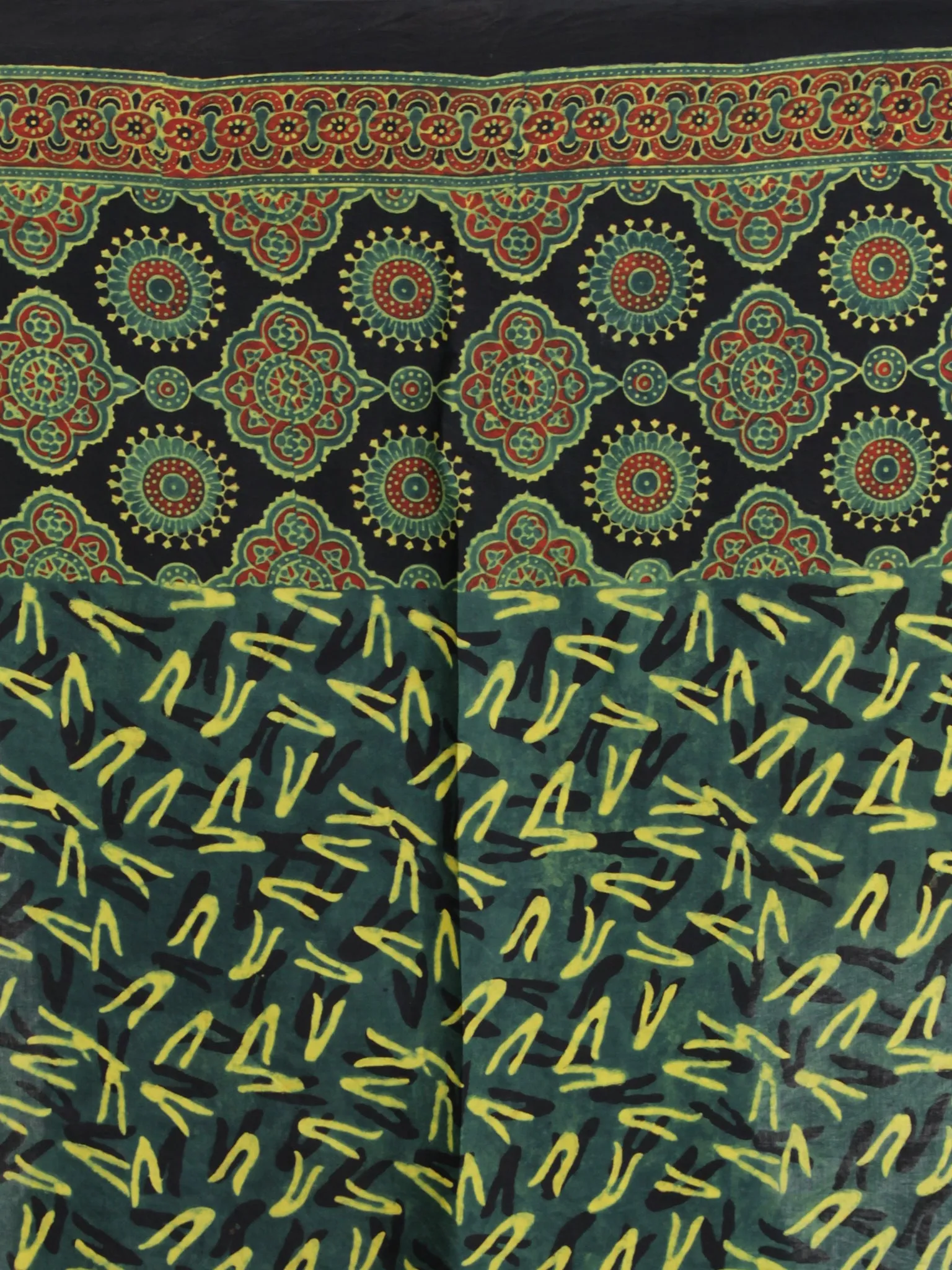 Black Green Red Ajrakh Hand Block Printed Modal Silk Saree - S031704136