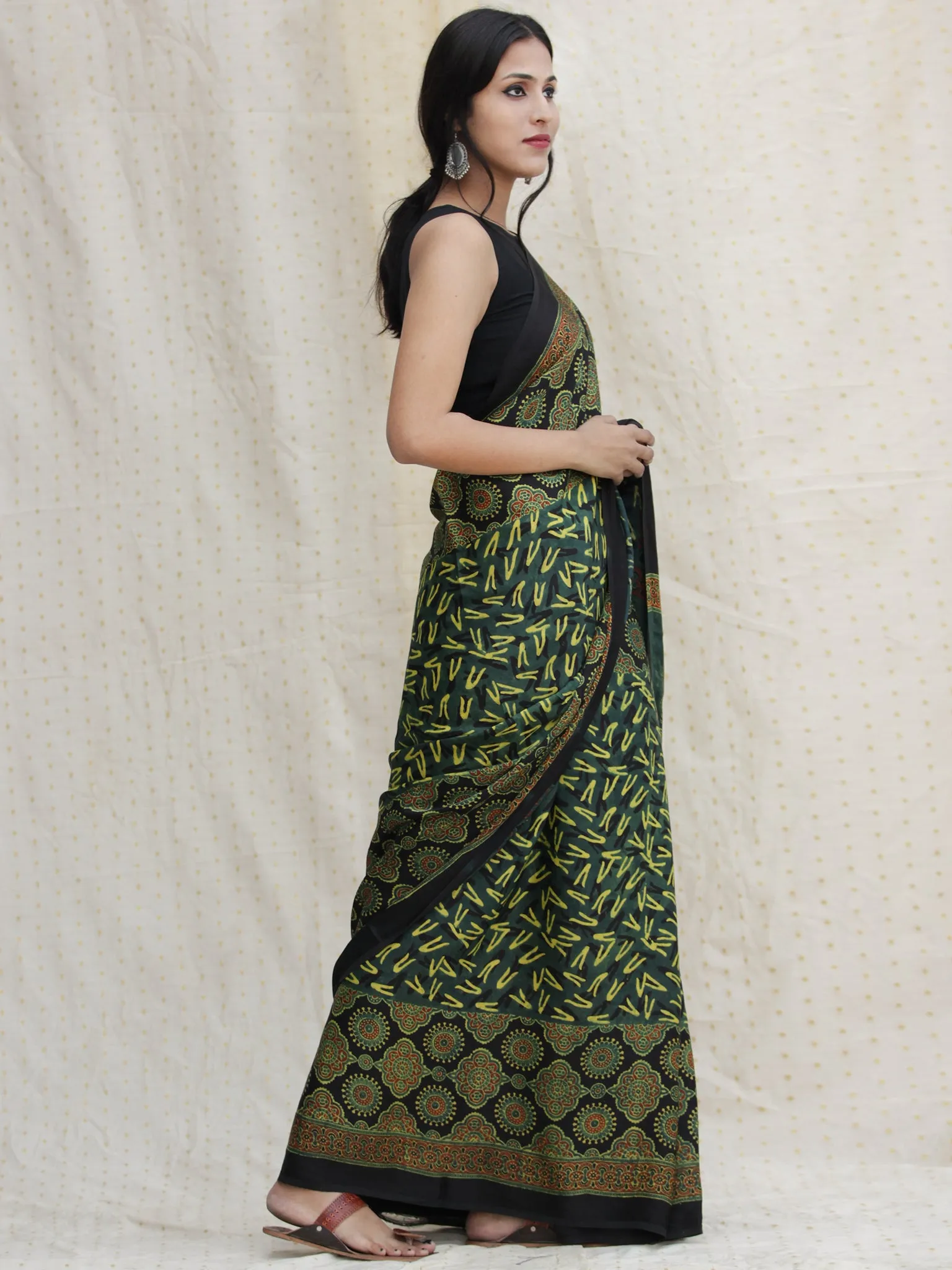 Black Green Red Ajrakh Hand Block Printed Modal Silk Saree - S031704136