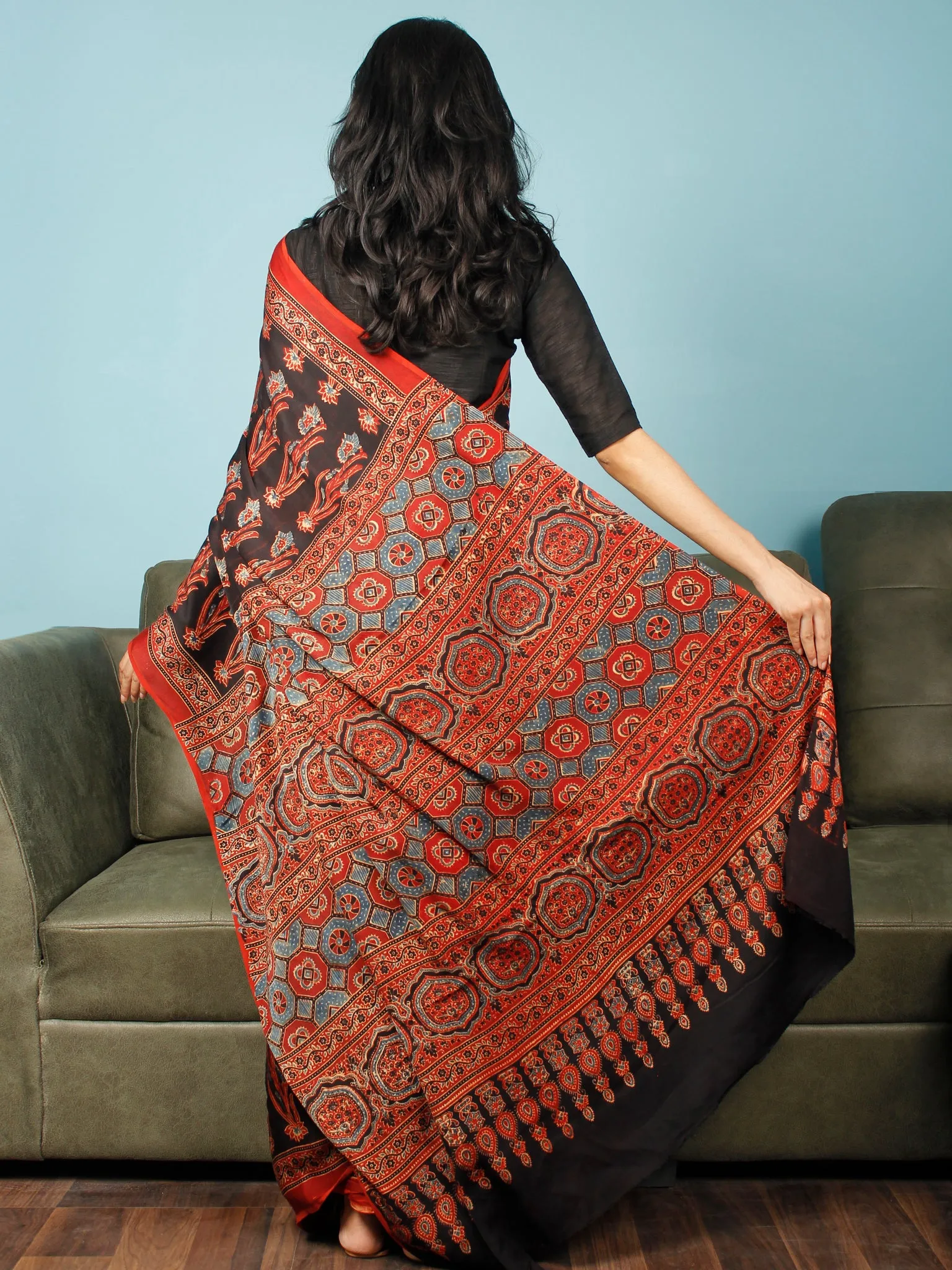 Black Red Indigo Ajrakh Hand Block Printed Modal Silk Saree in Natural Colors - S031703366