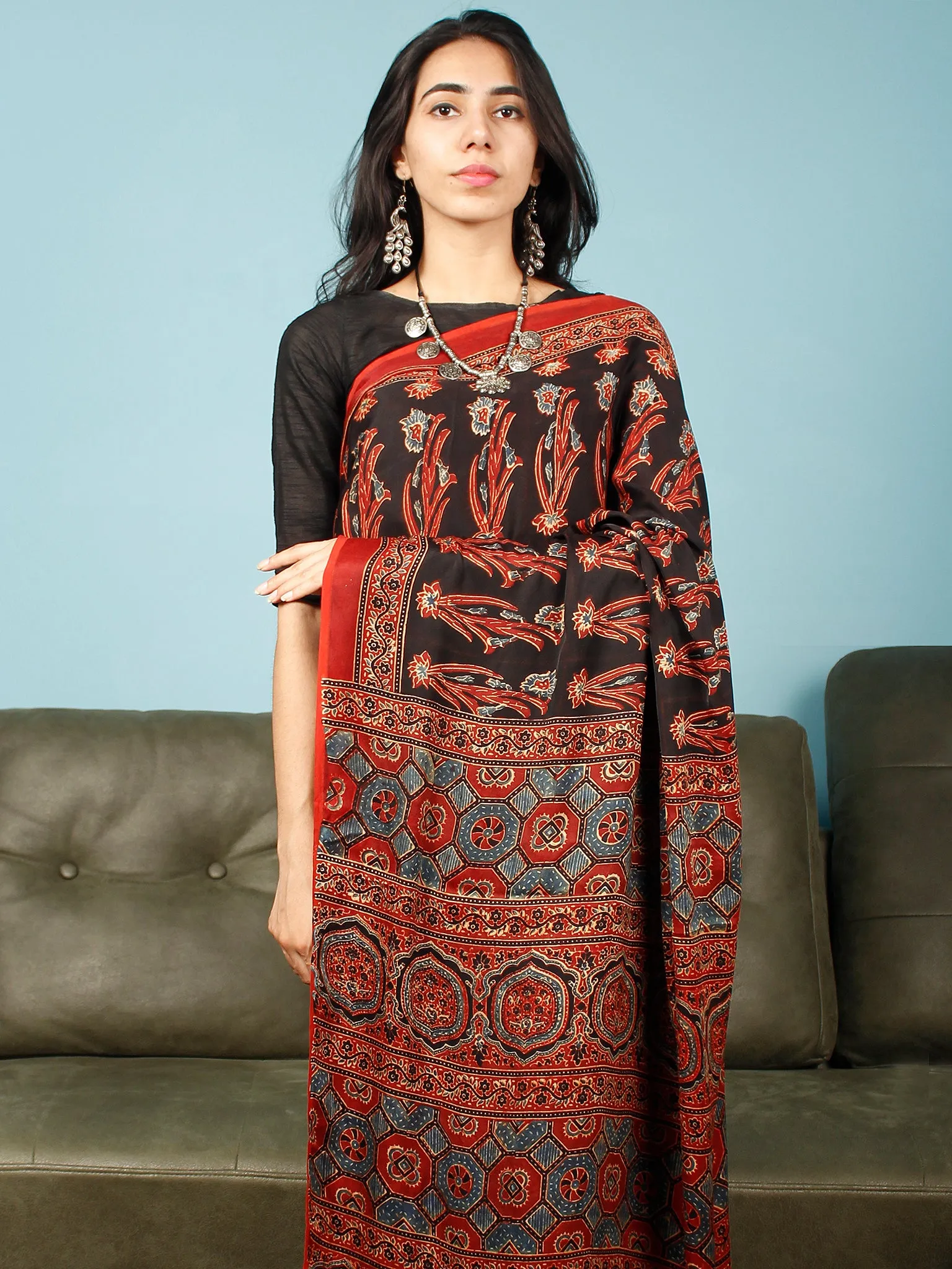Black Red Indigo Ajrakh Hand Block Printed Modal Silk Saree in Natural Colors - S031703366