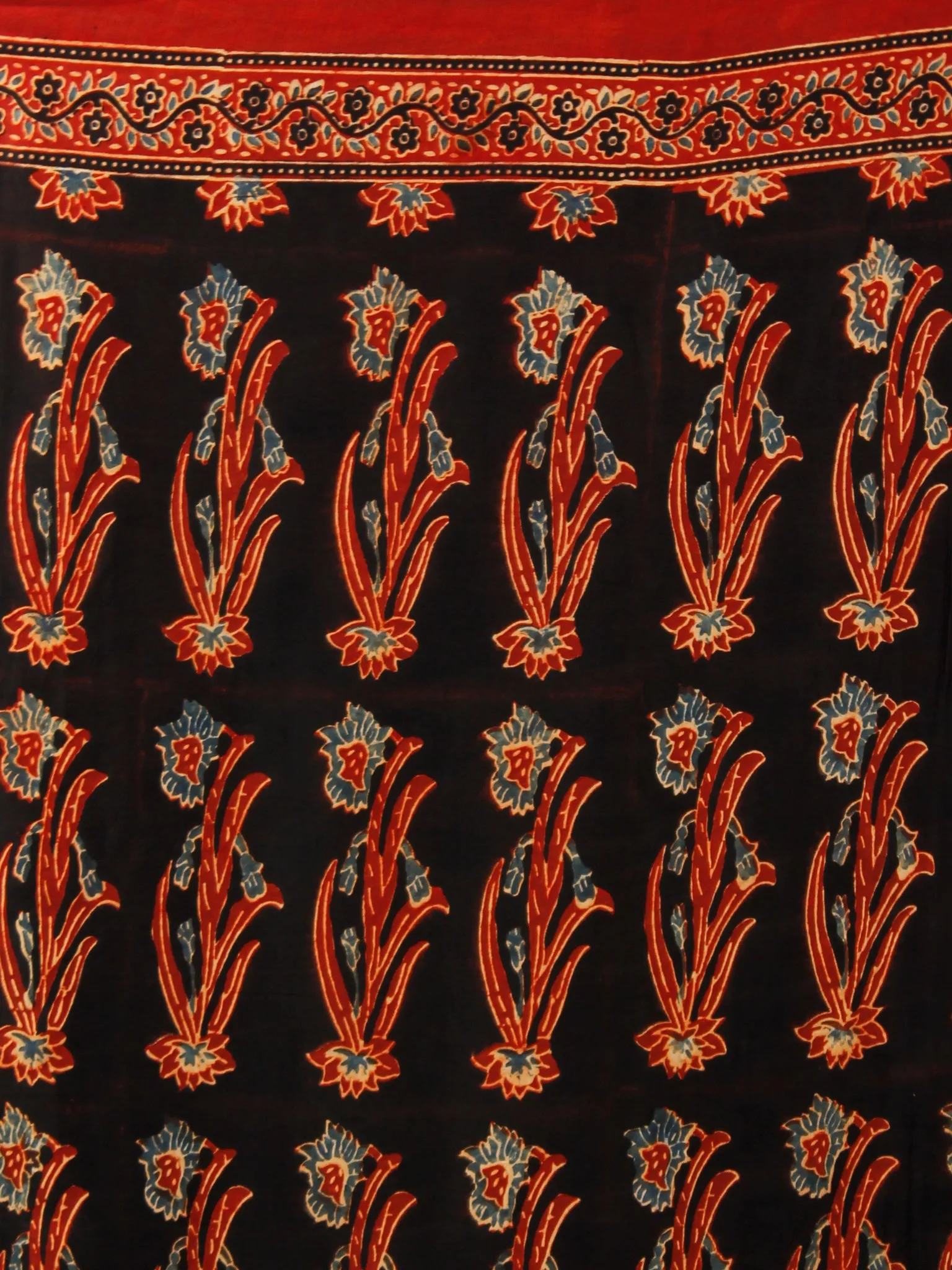 Black Red Indigo Ajrakh Hand Block Printed Modal Silk Saree in Natural Colors - S031703366
