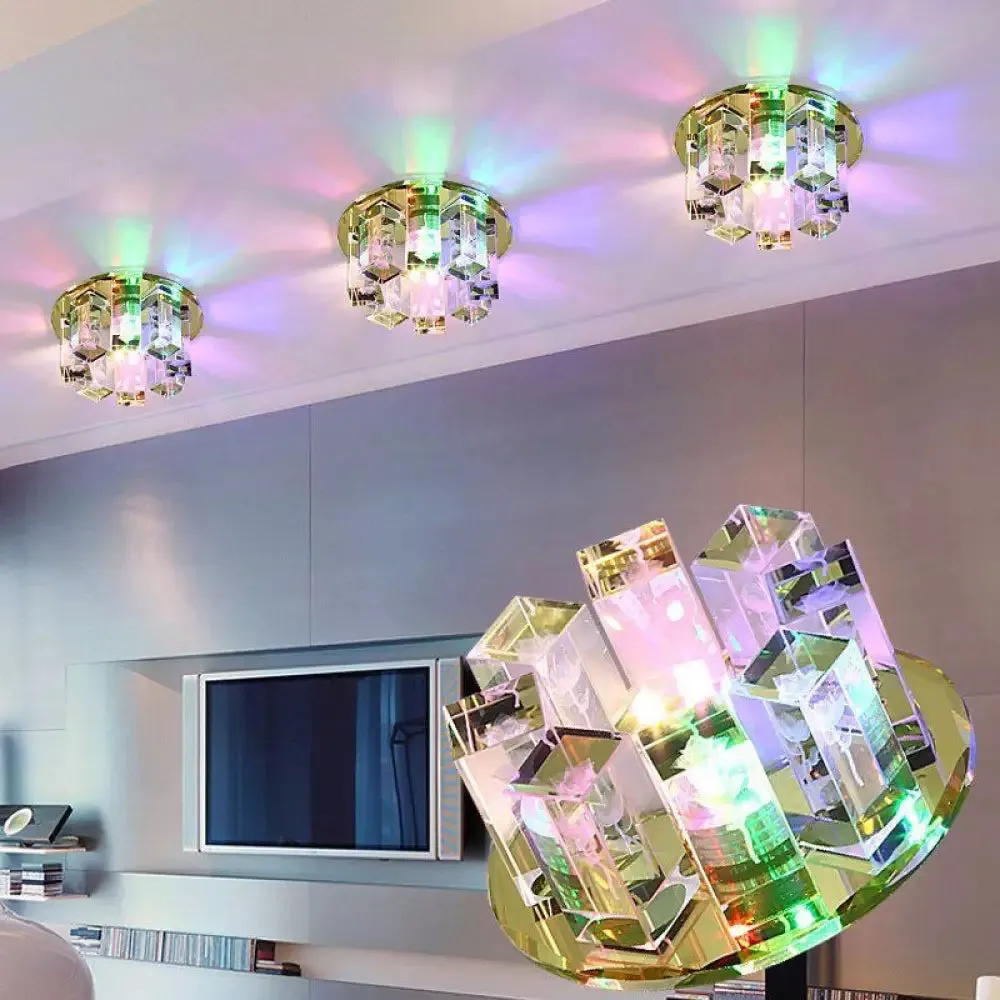 Blue/Gold/Tan Crystal LED Flush Mount Light with Round Design - Warm/White Lighting