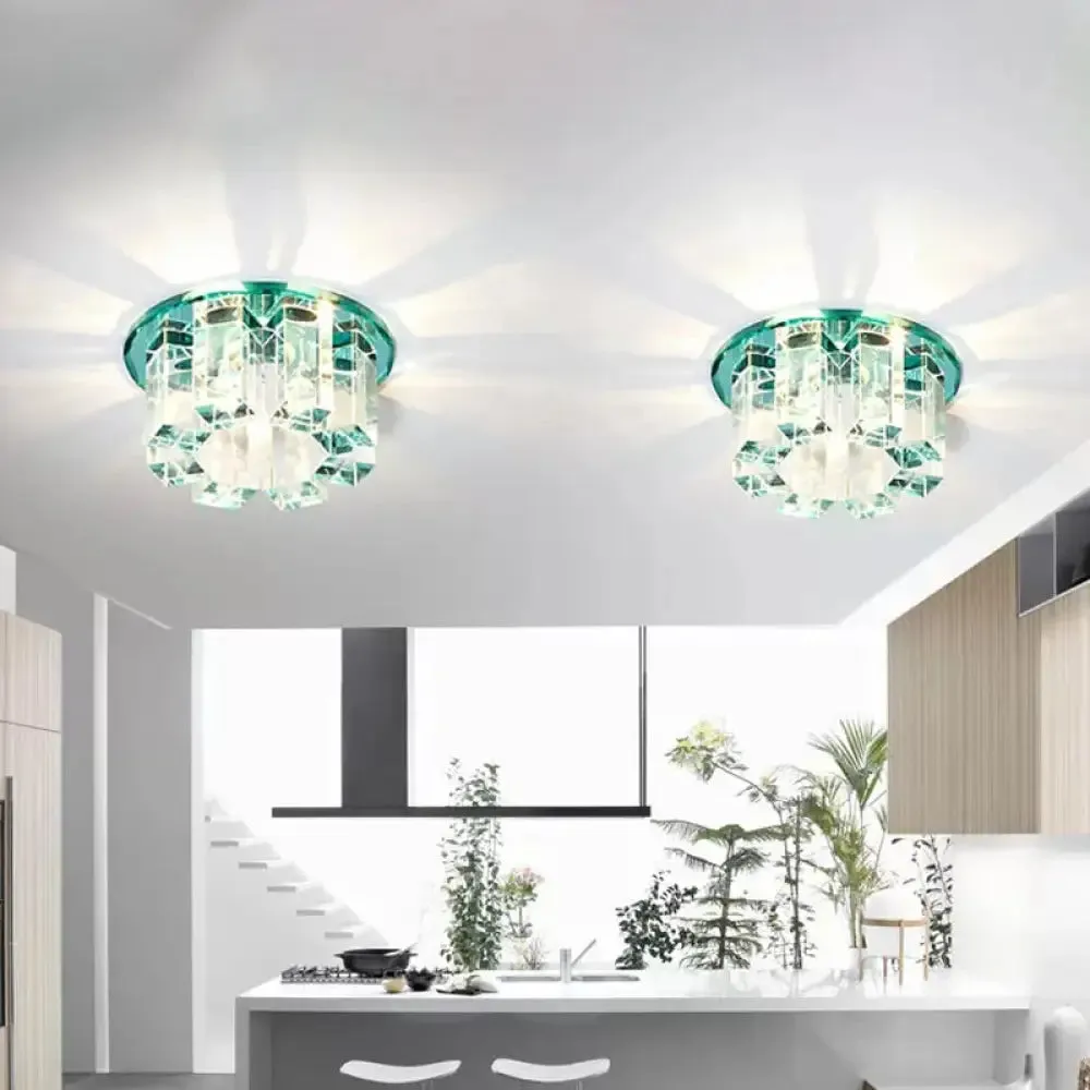 Blue/Gold/Tan Crystal LED Flush Mount Light with Round Design - Warm/White Lighting