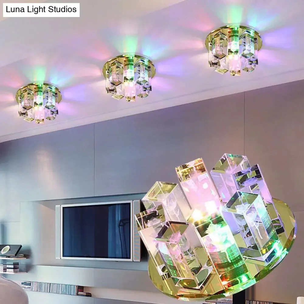 Blue/Gold/Tan Crystal LED Flush Mount Light with Round Design - Warm/White Lighting