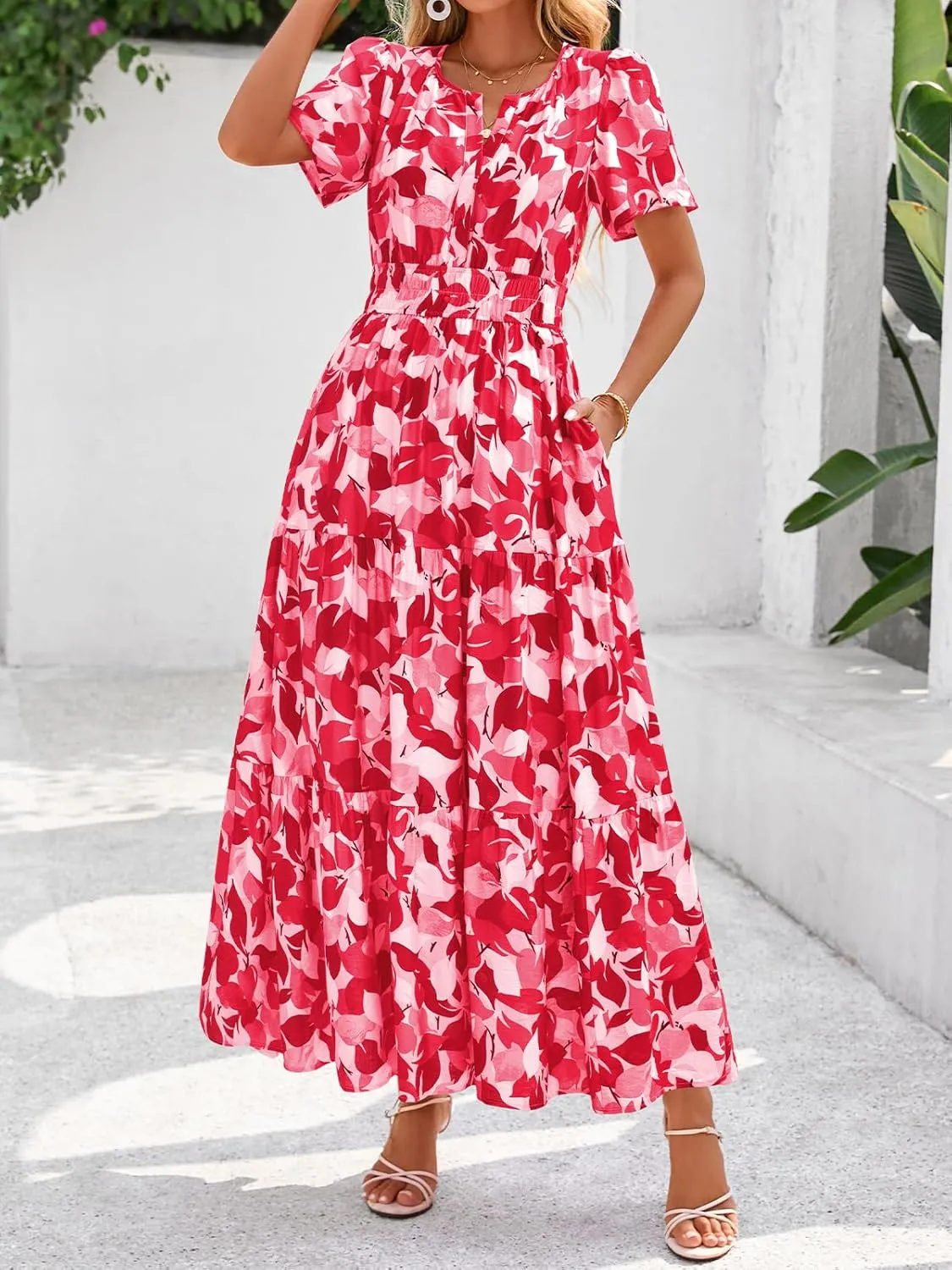 BTFBM Summer Dresses for Women 2025 Floral Casual Short Sleeve V Neck Elastic Waist Maxi Wedding Guest Dress Pockets