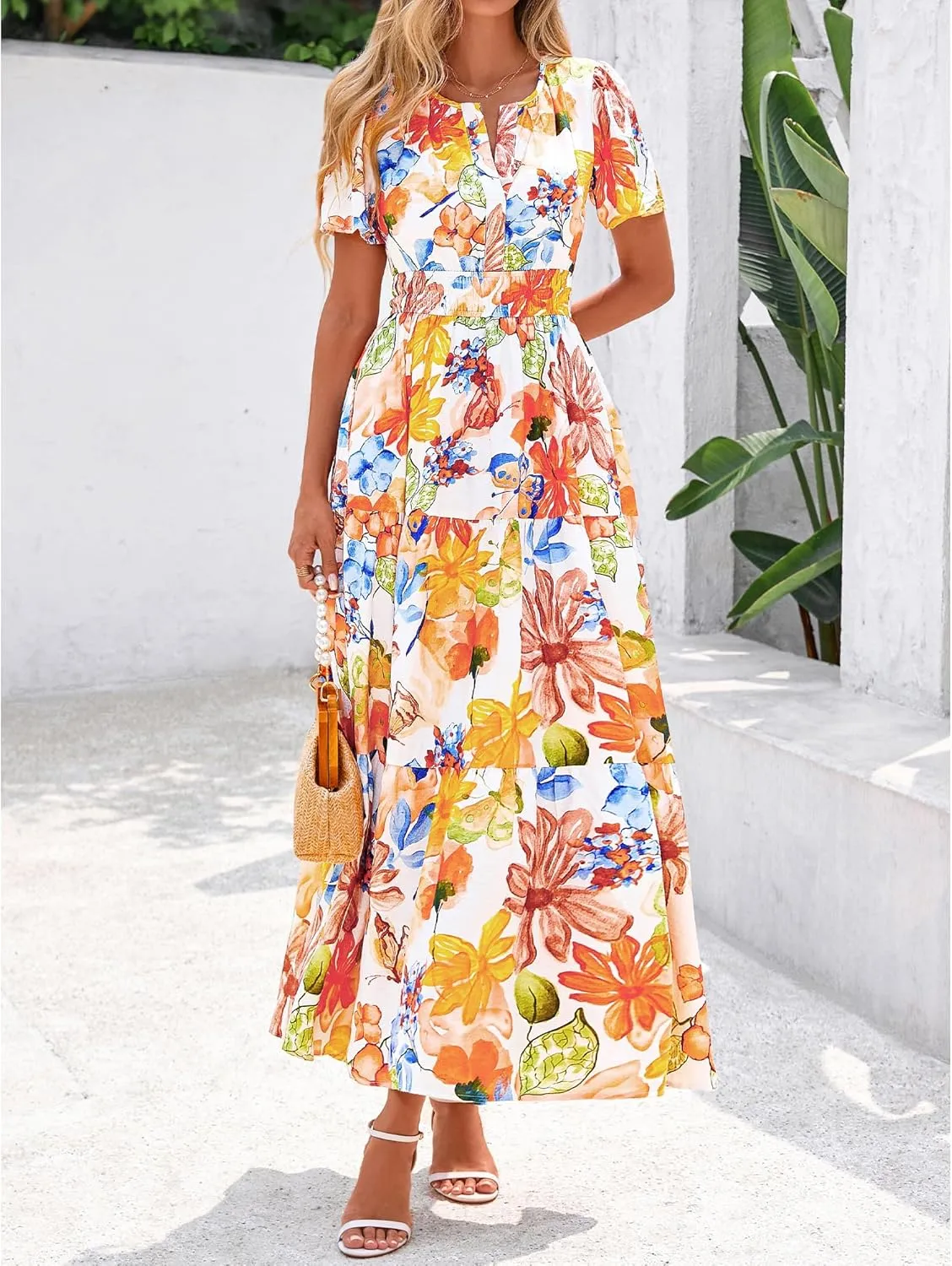 BTFBM Summer Dresses for Women 2025 Floral Casual Short Sleeve V Neck Elastic Waist Maxi Wedding Guest Dress Pockets