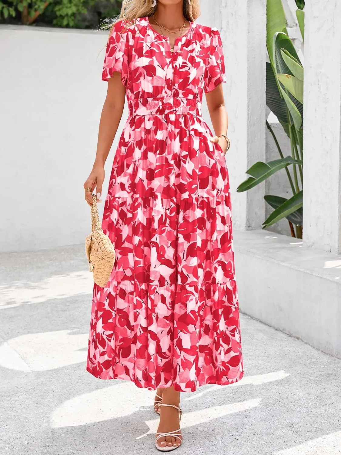 BTFBM Summer Dresses for Women 2025 Floral Casual Short Sleeve V Neck Elastic Waist Maxi Wedding Guest Dress Pockets