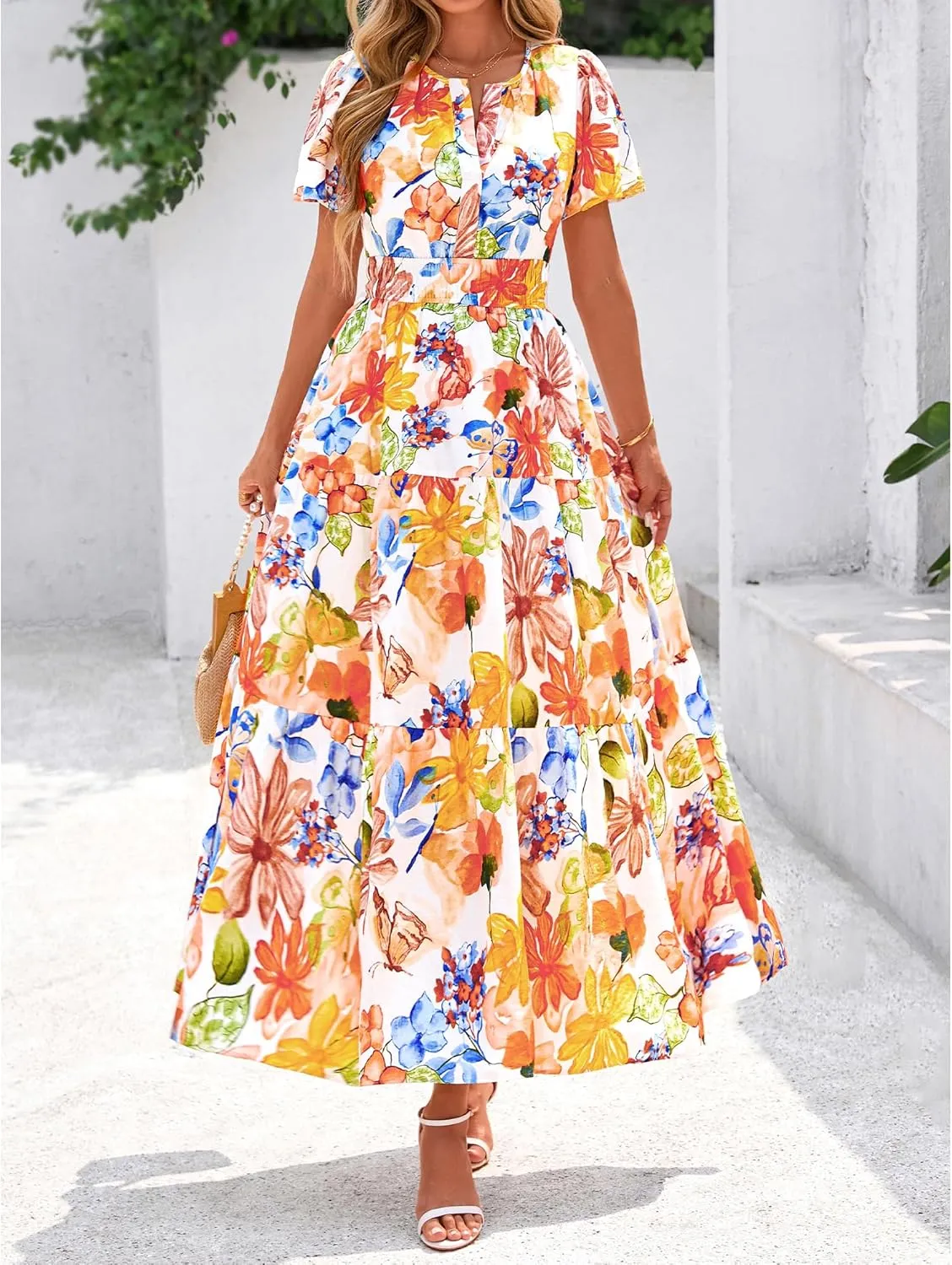 BTFBM Summer Dresses for Women 2025 Floral Casual Short Sleeve V Neck Elastic Waist Maxi Wedding Guest Dress Pockets