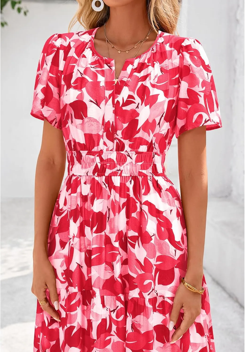BTFBM Summer Dresses for Women 2025 Floral Casual Short Sleeve V Neck Elastic Waist Maxi Wedding Guest Dress Pockets