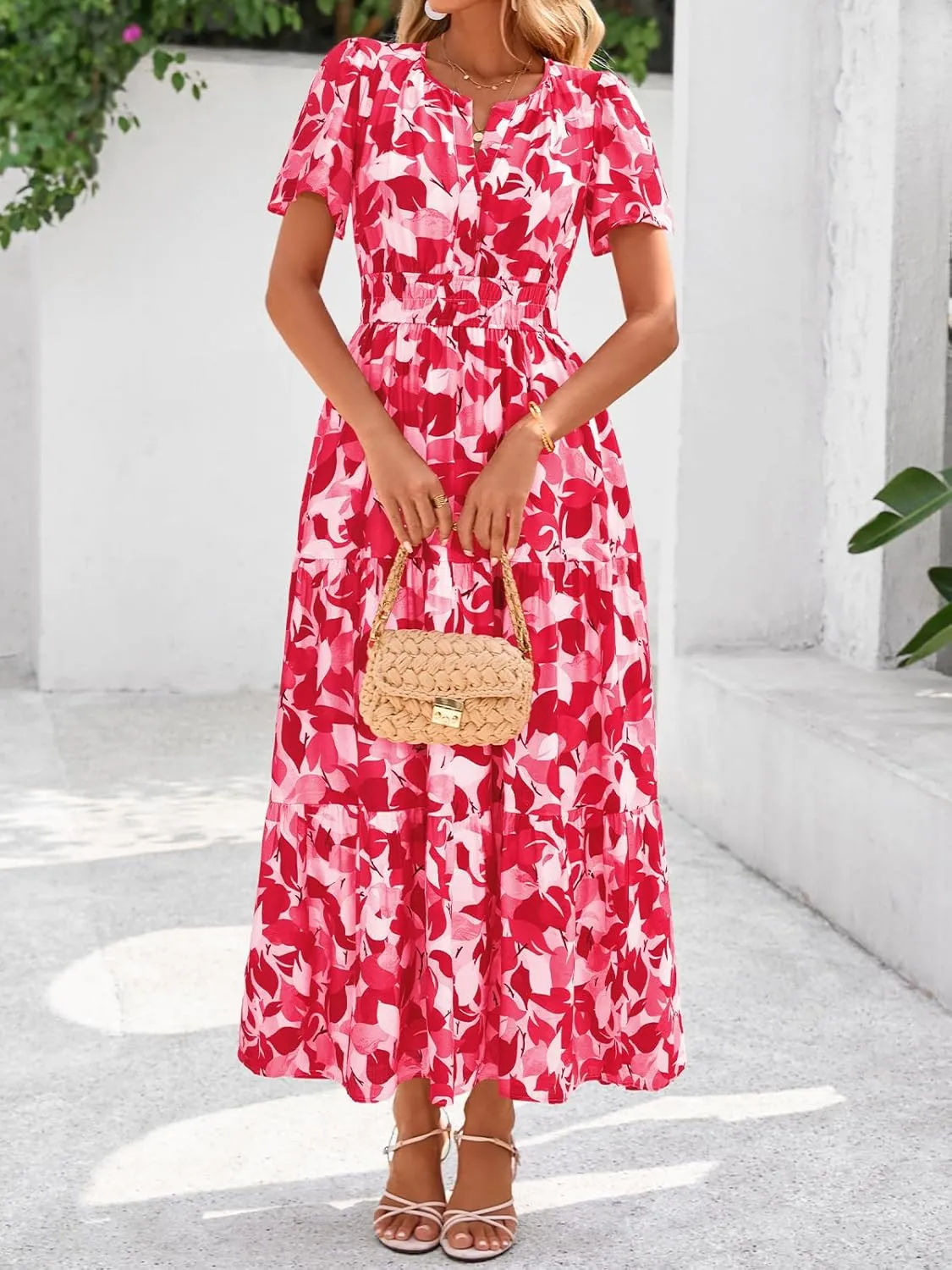 BTFBM Summer Dresses for Women 2025 Floral Casual Short Sleeve V Neck Elastic Waist Maxi Wedding Guest Dress Pockets
