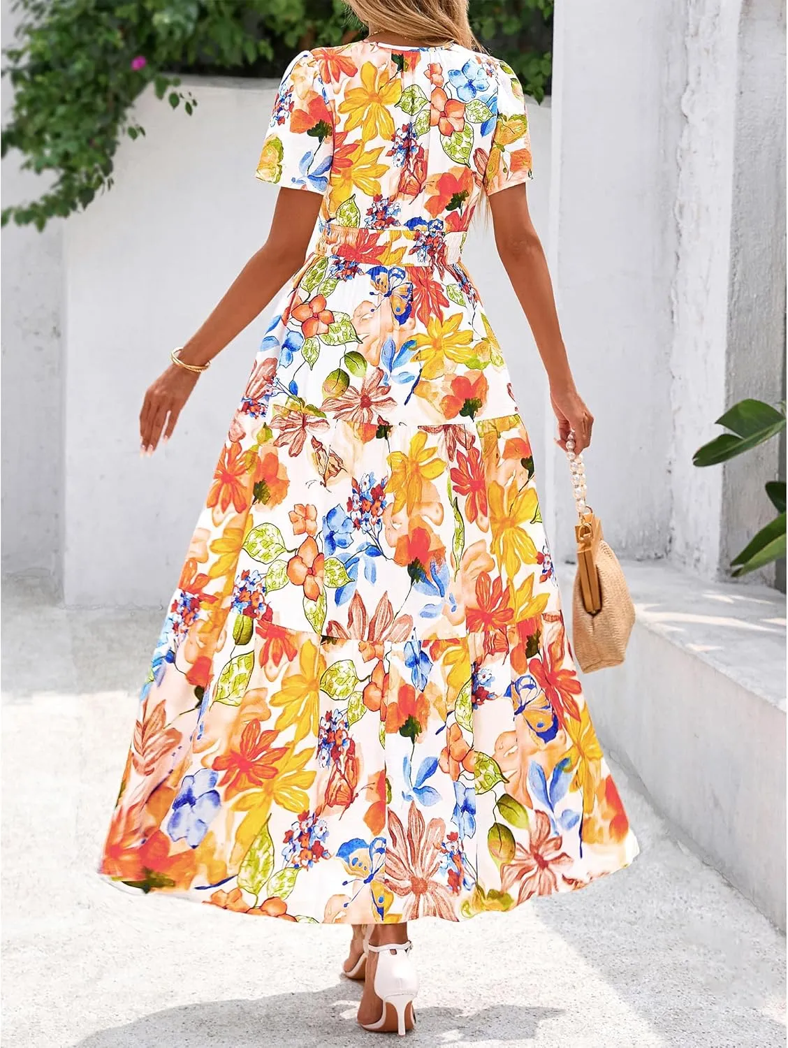 BTFBM Summer Dresses for Women 2025 Floral Casual Short Sleeve V Neck Elastic Waist Maxi Wedding Guest Dress Pockets