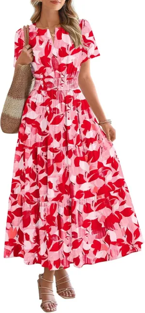 BTFBM Summer Dresses for Women 2025 Floral Casual Short Sleeve V Neck Elastic Waist Maxi Wedding Guest Dress Pockets