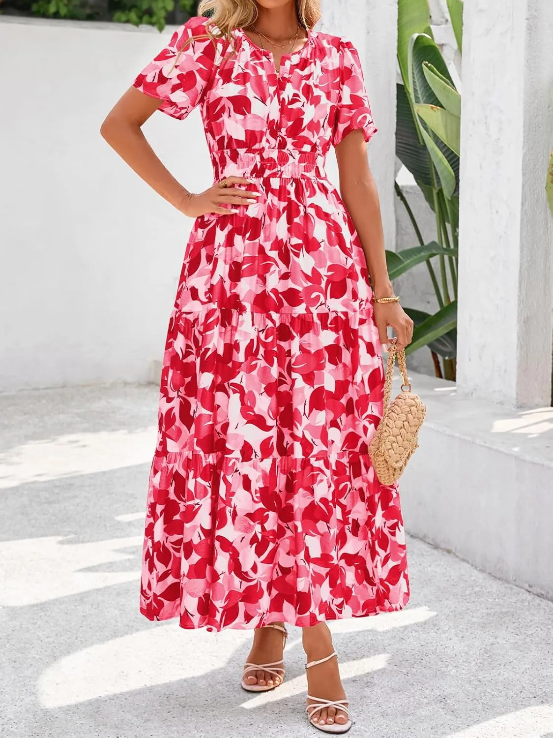 BTFBM Summer Dresses for Women 2025 Floral Casual Short Sleeve V Neck Elastic Waist Maxi Wedding Guest Dress Pockets