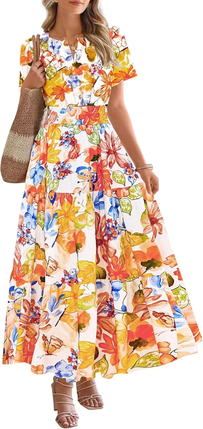 BTFBM Summer Dresses for Women 2025 Floral Casual Short Sleeve V Neck Elastic Waist Maxi Wedding Guest Dress Pockets