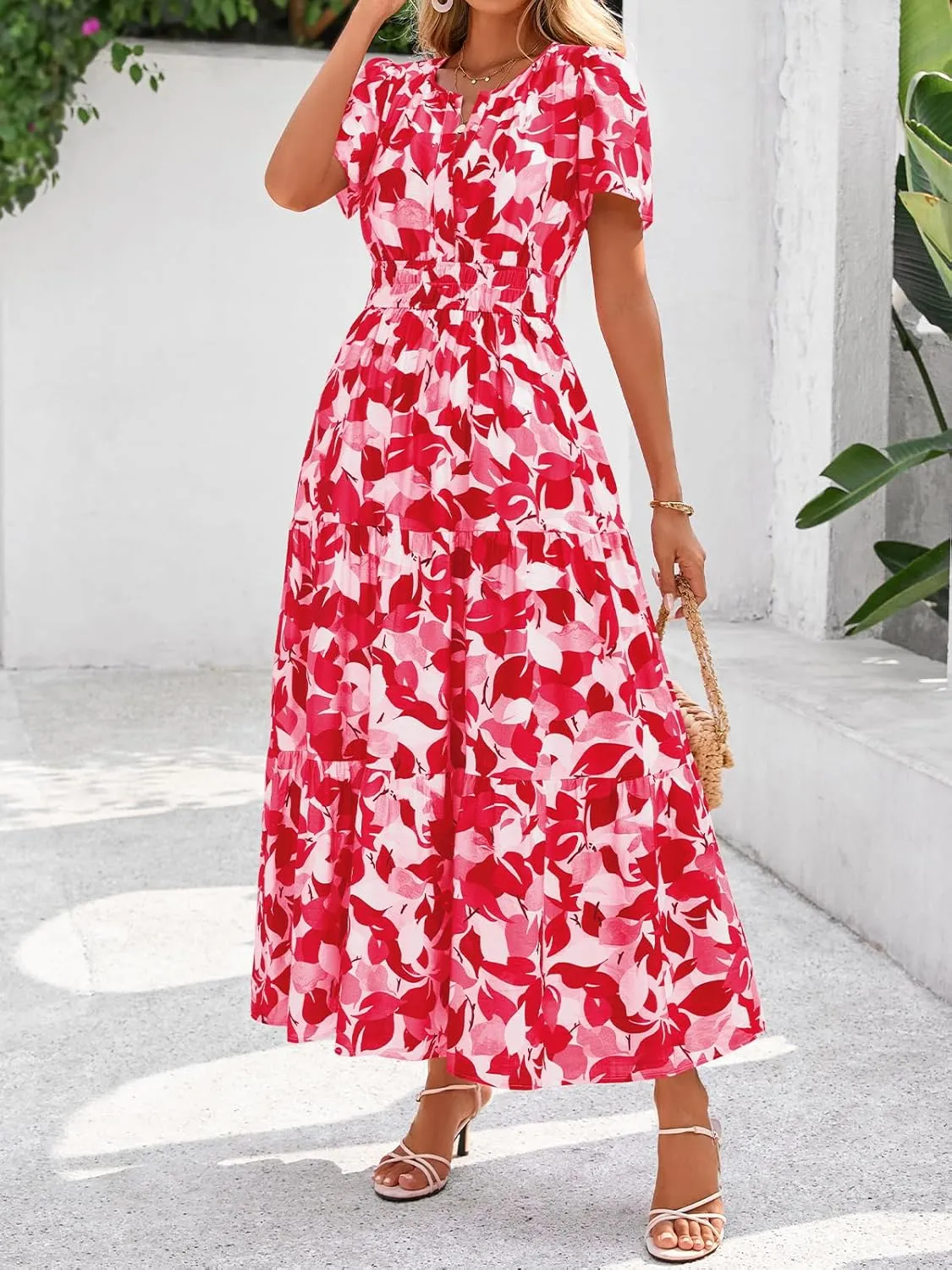 BTFBM Summer Dresses for Women 2025 Floral Casual Short Sleeve V Neck Elastic Waist Maxi Wedding Guest Dress Pockets