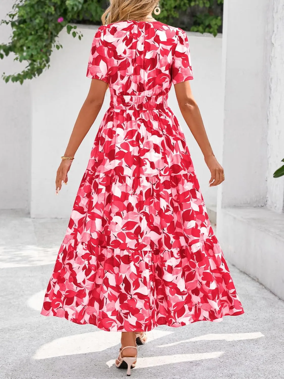 BTFBM Summer Dresses for Women 2025 Floral Casual Short Sleeve V Neck Elastic Waist Maxi Wedding Guest Dress Pockets