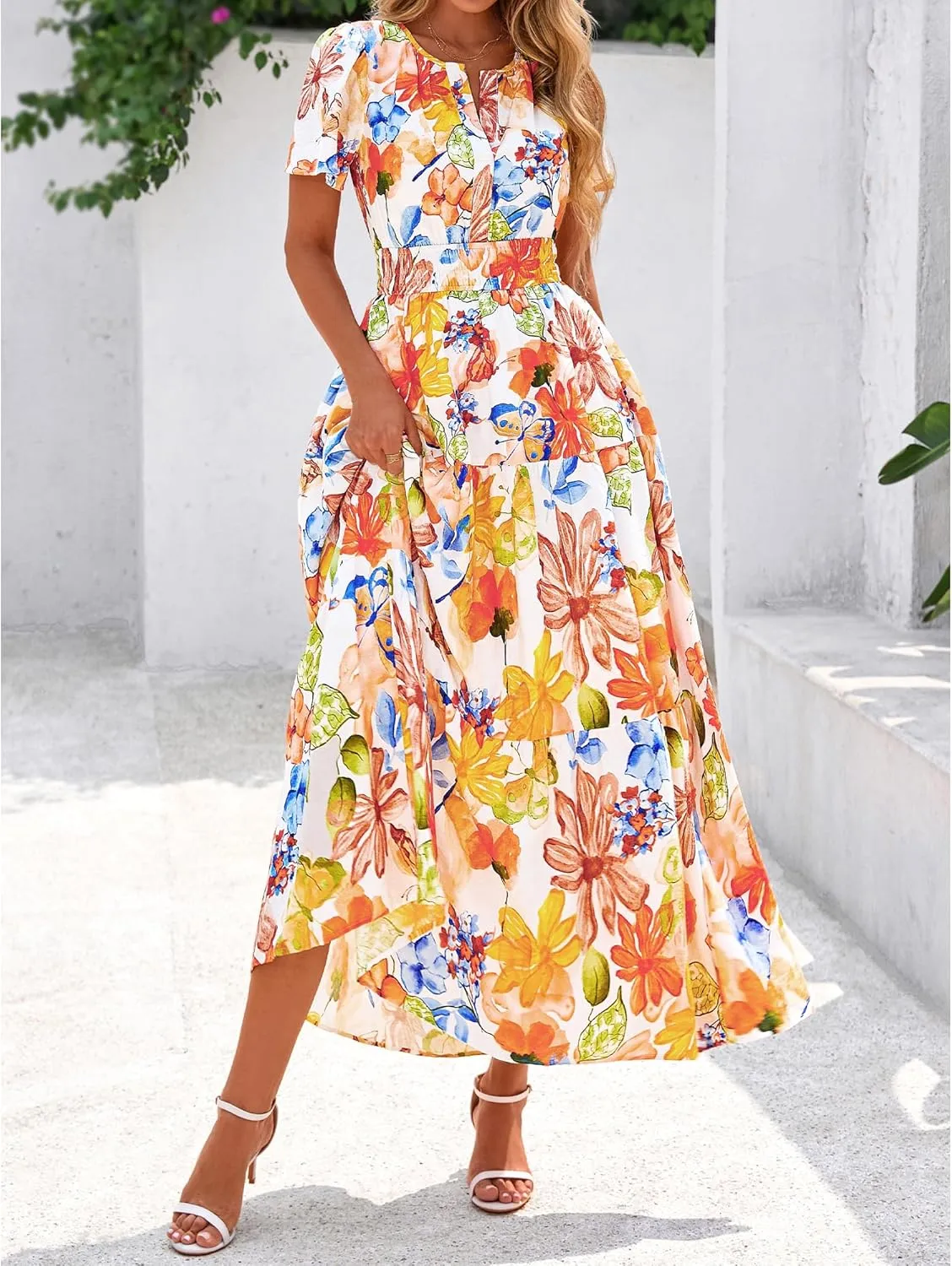 BTFBM Summer Dresses for Women 2025 Floral Casual Short Sleeve V Neck Elastic Waist Maxi Wedding Guest Dress Pockets