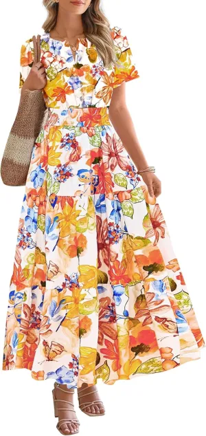 BTFBM Summer Dresses for Women 2025 Floral Casual Short Sleeve V Neck Elastic Waist Maxi Wedding Guest Dress Pockets