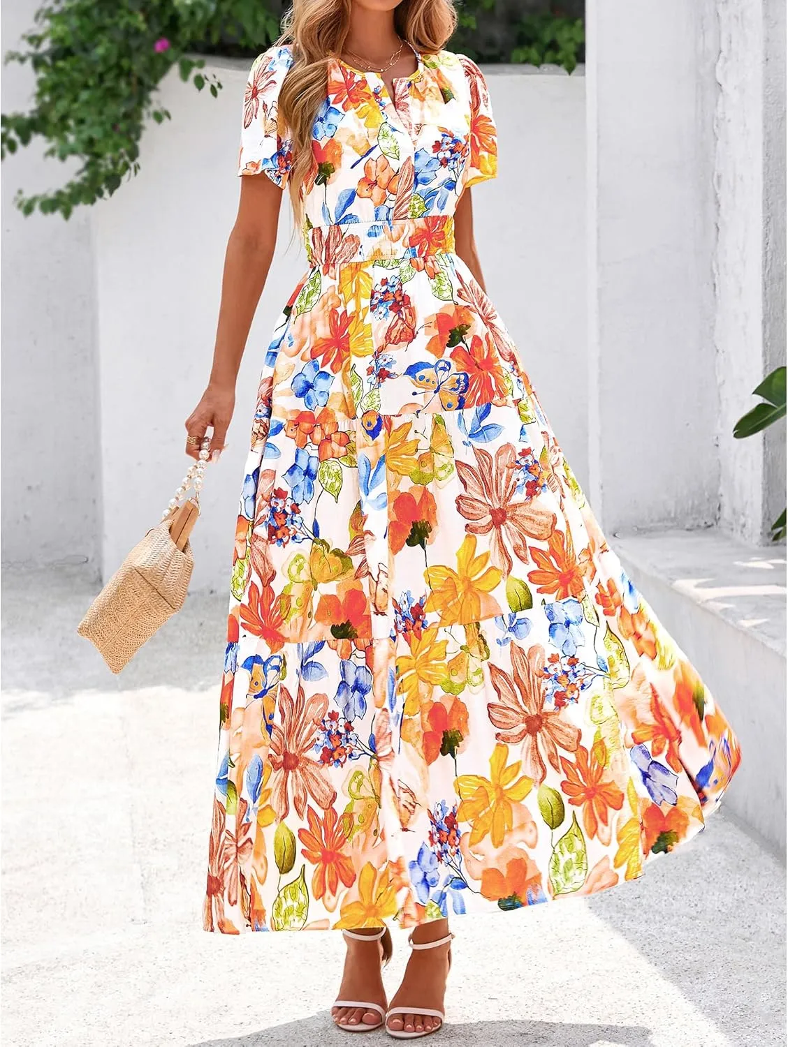 BTFBM Summer Dresses for Women 2025 Floral Casual Short Sleeve V Neck Elastic Waist Maxi Wedding Guest Dress Pockets