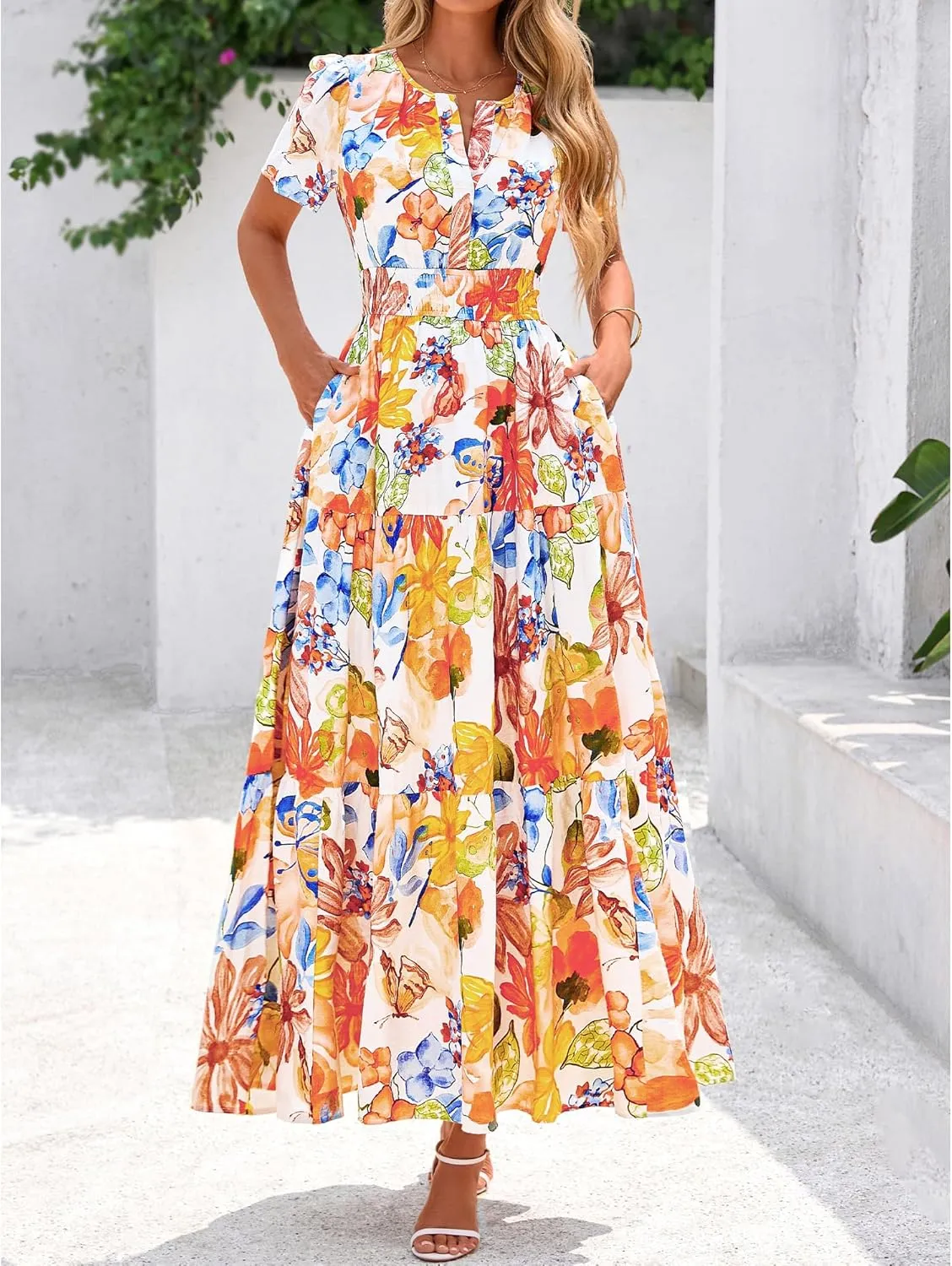 BTFBM Summer Dresses for Women 2025 Floral Casual Short Sleeve V Neck Elastic Waist Maxi Wedding Guest Dress Pockets