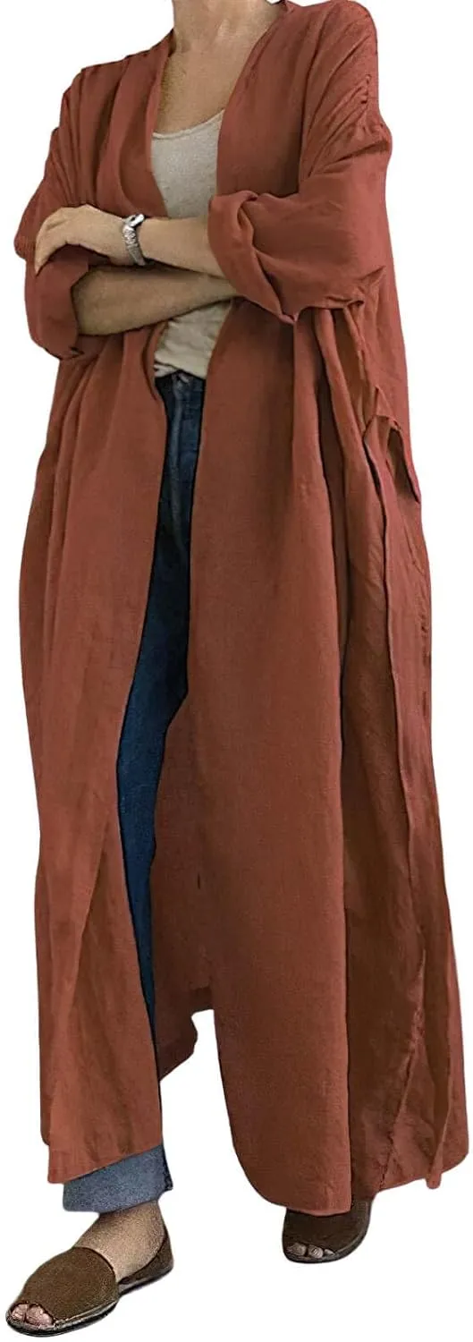 CHARTOU Women's Casual Lightweight Cotton Linen Long Sleeve Oversized Trench Coat