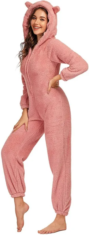 chouyatou Women's Ultra Comfy Lounge Furry Sherpa Romper Onesie Pajamas Cute Ear Hood