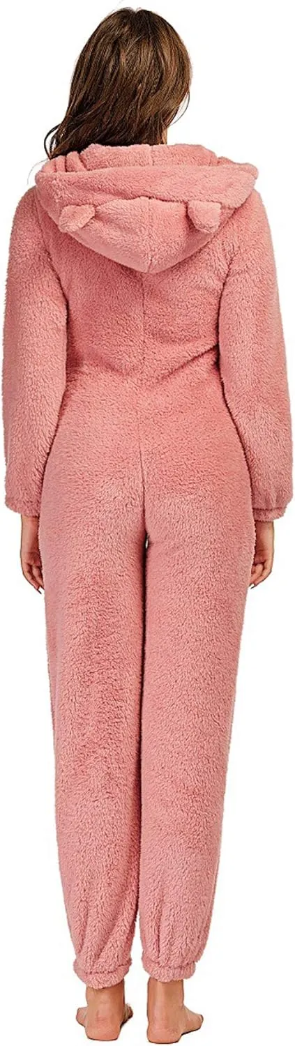 chouyatou Women's Ultra Comfy Lounge Furry Sherpa Romper Onesie Pajamas Cute Ear Hood