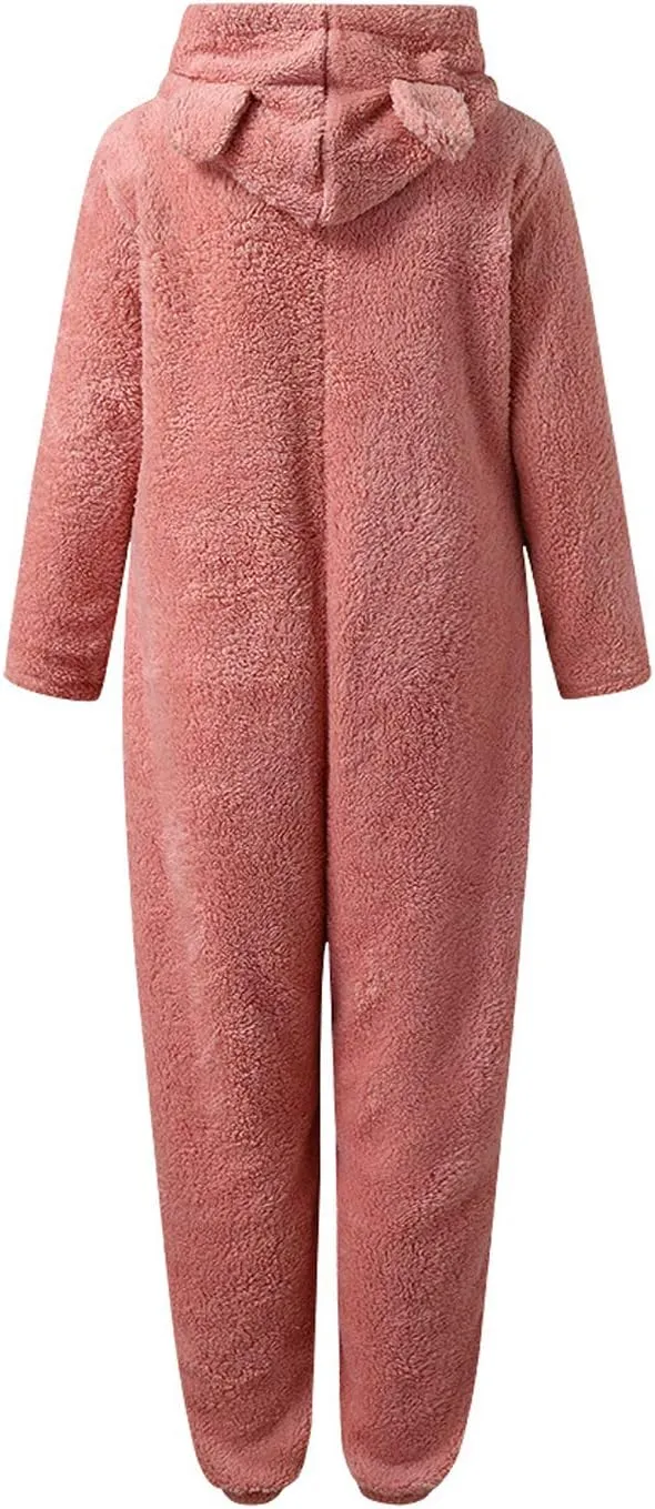 chouyatou Women's Ultra Comfy Lounge Furry Sherpa Romper Onesie Pajamas Cute Ear Hood