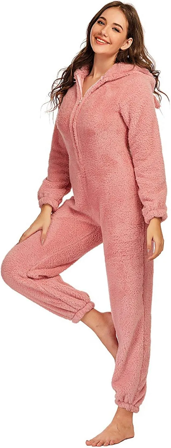 chouyatou Women's Ultra Comfy Lounge Furry Sherpa Romper Onesie Pajamas Cute Ear Hood