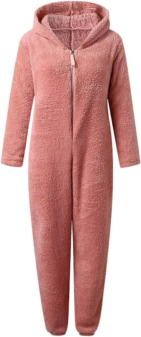chouyatou Women's Ultra Comfy Lounge Furry Sherpa Romper Onesie Pajamas Cute Ear Hood
