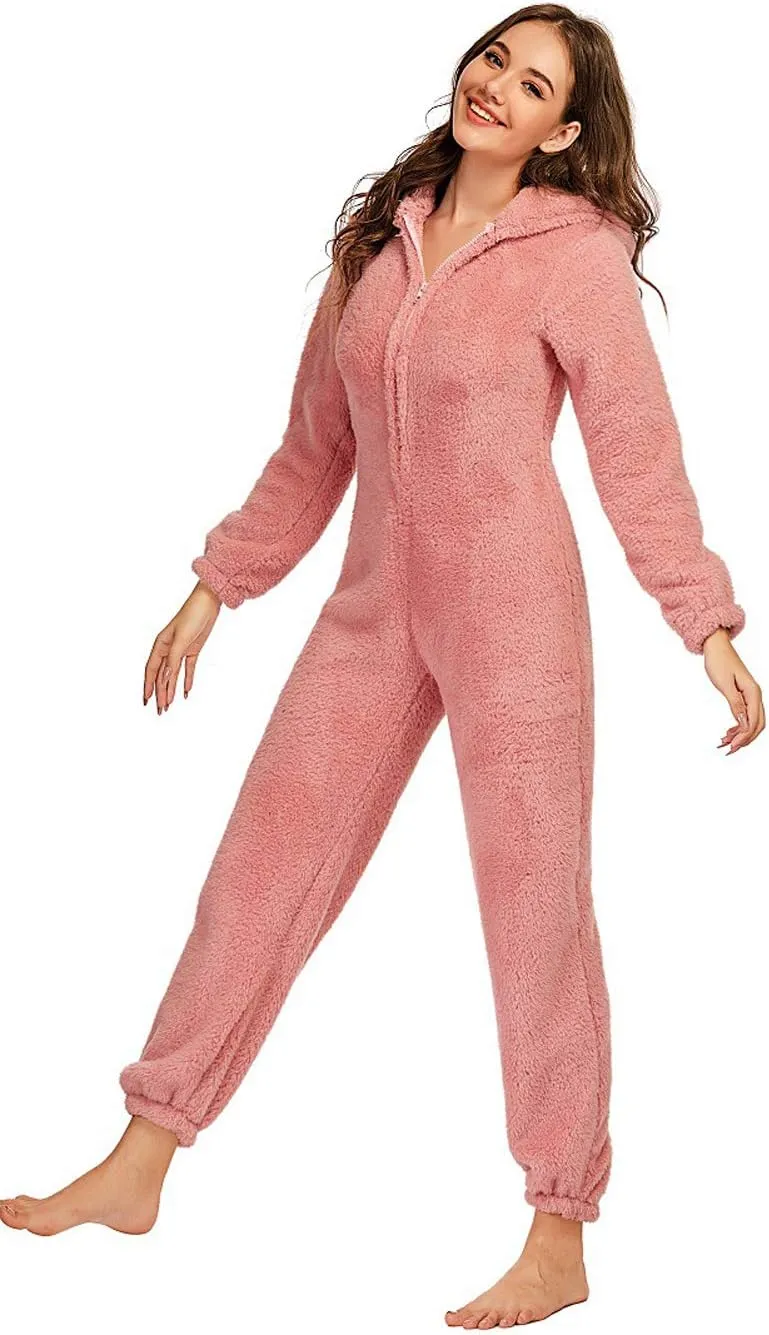 chouyatou Women's Ultra Comfy Lounge Furry Sherpa Romper Onesie Pajamas Cute Ear Hood