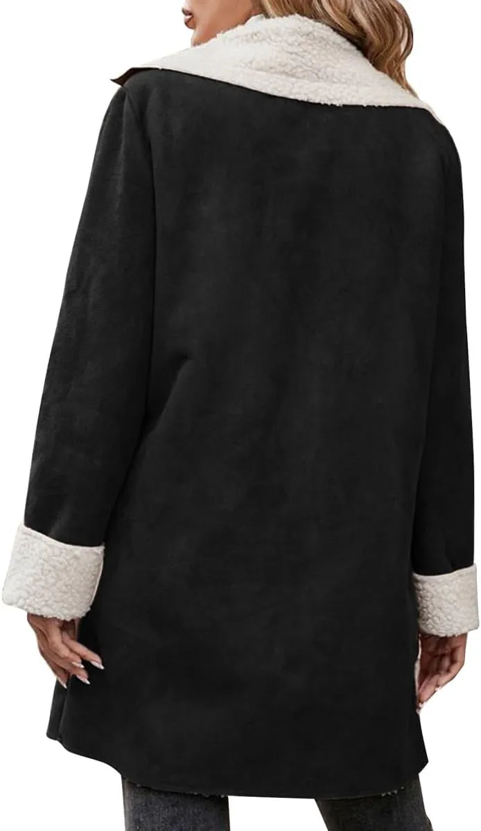 chouyatou Women's Winter Sherpa Lined Faux Suede Leather Jacket Oversized Notch Lapel Mid Long Overcoat