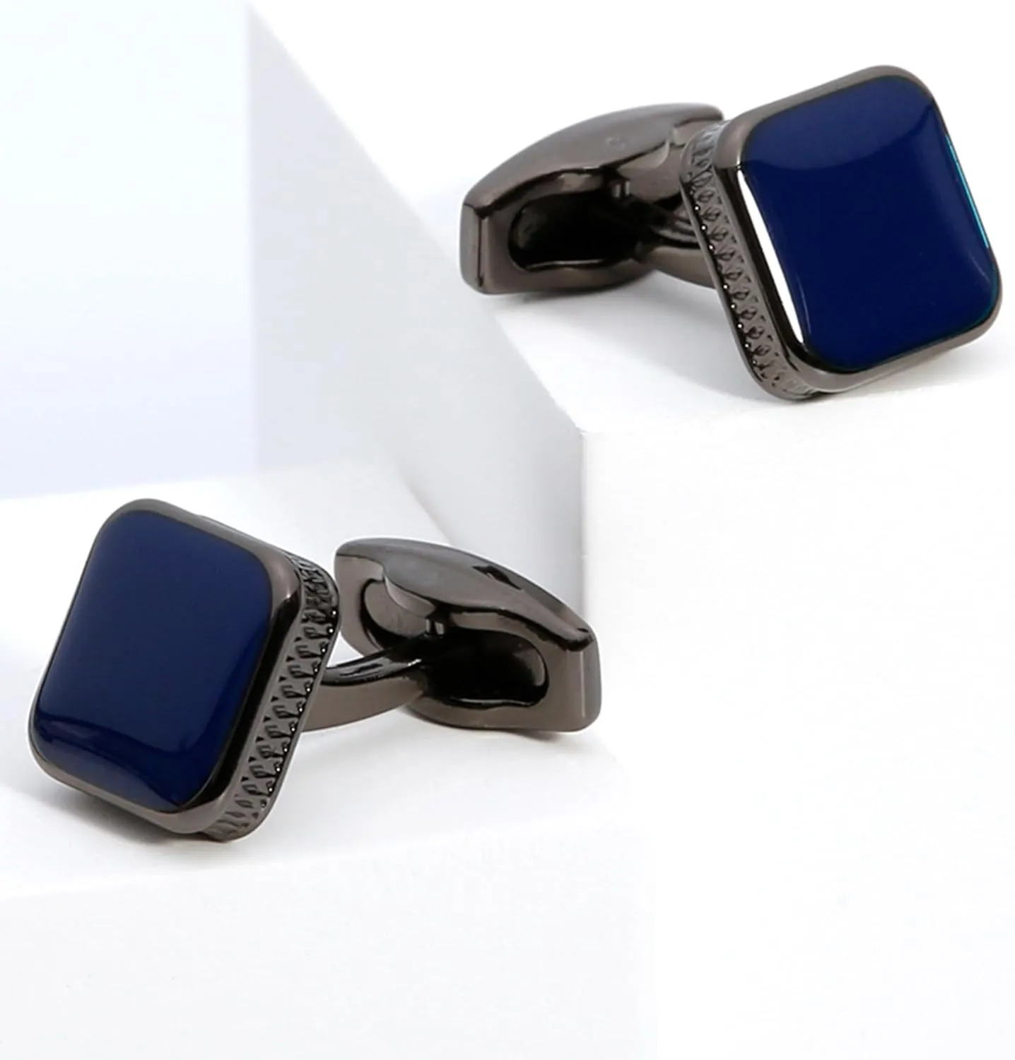 Classic Square Black/Blue Cufflinks for Men In Gift Case Handmade Silver/Black Tone Metal Men's Cufflinks Jewelry Set for Wedding Party Anniversary Business Events Dress