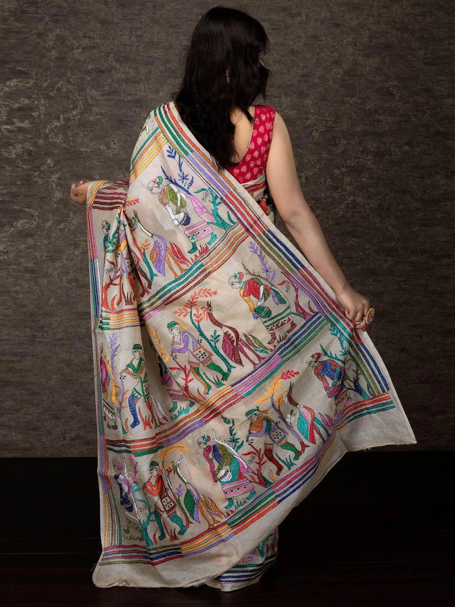 Elegant Allover Kantha Stitch Tussar Silk Saree